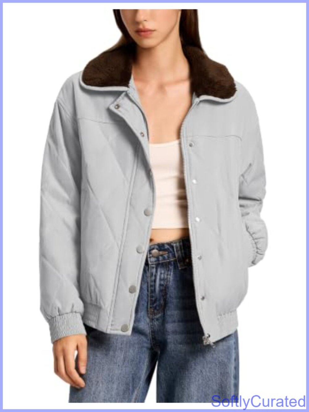Quilted Puffer Jacket Snap Button Faux Fur Collar Long Sleeve Casual Winter Coat